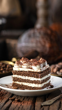 Slice of chocolate cake with tiramisu cream and cocoa powder