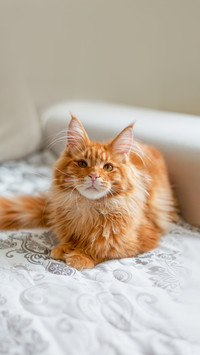 Glorious ginger Maine Coon kitten sittting on a couch