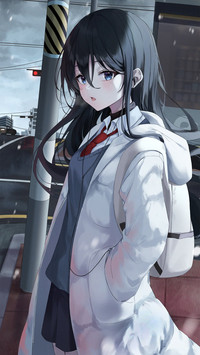 Student Girl Standing by The Road