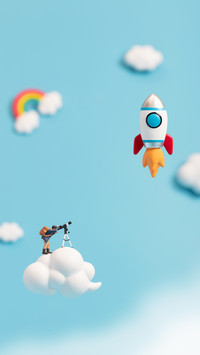 Cartoon Character Watches Rocket Fly High