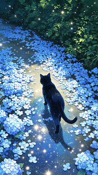 绣球花下 猫与月光