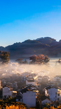 Autumn morning drone shot of Shicheng in Wuyuan