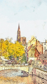 Watercolor architectural landscape illustration