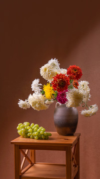Large bouquet of white, yellow, red, autumn flowers