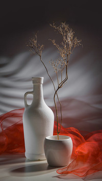 Modern still life with a dry branch in a white vase