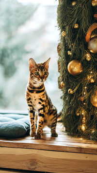 Bengal kitten stands near the window on the eve of Christmas