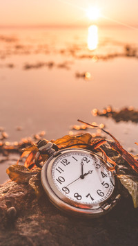 Antique pocket watch and coastal rocks