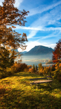 A red leaf chair by the alpine lake in the autumn morning