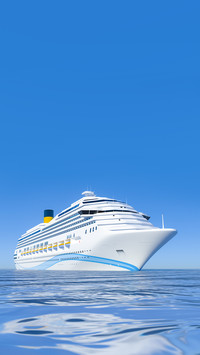 A white cruise ship in front of the clear blue sky