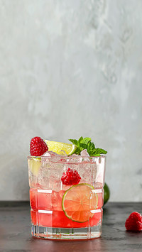Raspberry Lime Vodka Cocktail with mint and ice