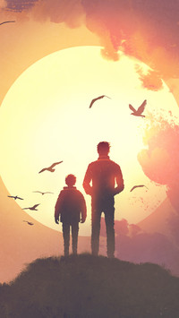 A man and a child looking at sunset