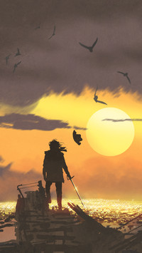 Pirate with a sword standing on ruins of boat and looking at golden treasures at sunset