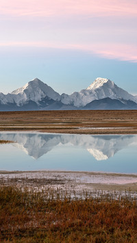 Lakes and snow mountains in the morning