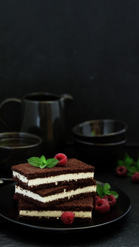 Delicate chocolate creamy cake with raspberries