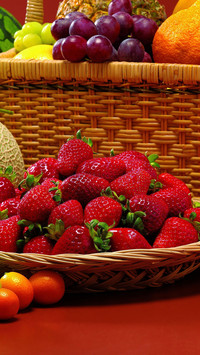 fruit strawberry melon grapes orange tangerine pomegranate tomatoes basket
