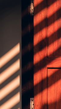 Vintage-style orange wooden door with draped shadows