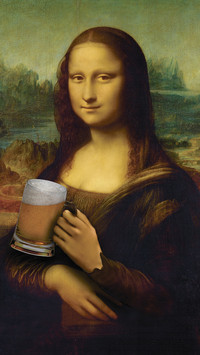 Art work Mona Lisa Giaconda holding a glass of German beer