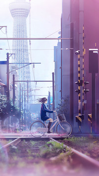 Beautiful High Quality Anime Girl with Cycle Railroad