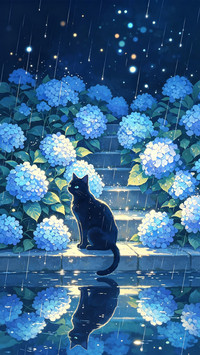 绣球花下 猫与月光