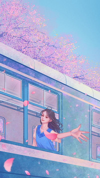 A Woman in Blue outside the Train Stretching out Her Hand