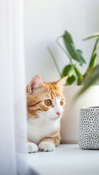 Ginger cat lying in the morning on windowsill at home