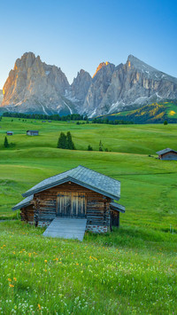 Seiser Alm with Langkofel mountain at sunrise, Italy