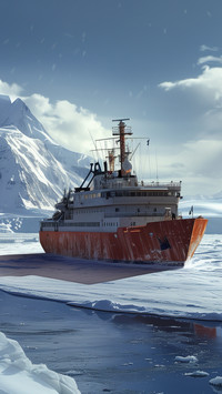 Cold Calm, Ship and Mountains Under Snowy Skies
