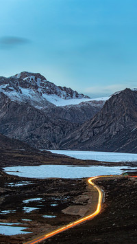 Chinese highway and Sister Lakes with light trails
