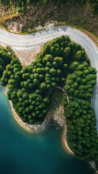 The forest road winds around the lake