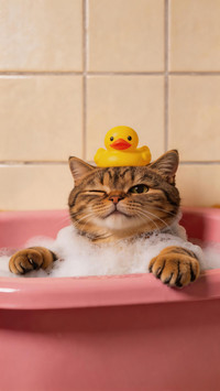 Cats bath duck pressing on top