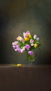 Still life with colorful tulips