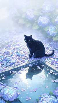 绣球花下 猫与月光