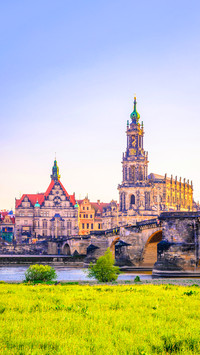 Summer view of Dresden Old Town architecture with Elbe river