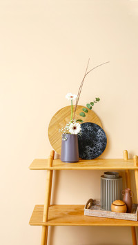 Beautiful ikebana on shelf near beige wall