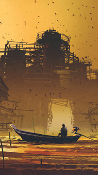 man on a boat floating in the sea against abandoned buildings
