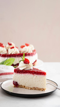 Cheesecake slice with fresh raspberries and mint leaves