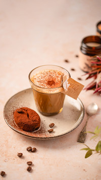 Hot coffee and chocolate cake with candles and dry flowers