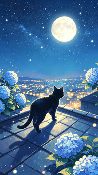 绣球花下 猫与月光