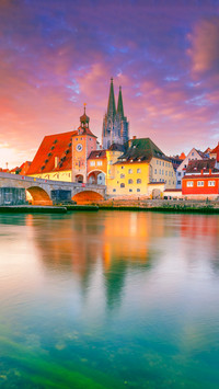 Cityscape image of Regensburg, Germany with Old Stone Bridge