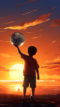 A boy lifts a football in the sunset