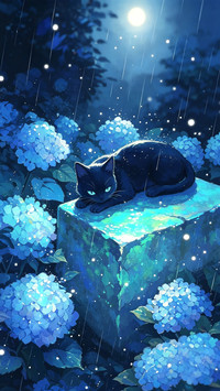 绣球花下 猫与月光