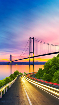 Bosphorus bridge with evening road landscape