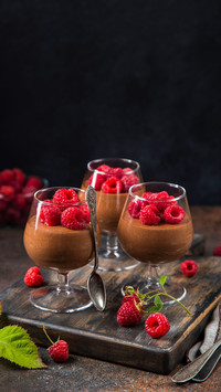 Delicious chocolate mousse served with fresh raspberr