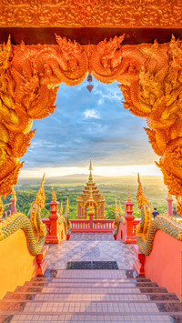 Beautiful golden sunlight shines on the Wat Phra That Doi