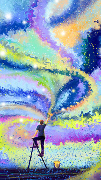 Waving the brush on the ladder to paint the colorful sky