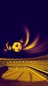 A yellow soccer ball with dynamic swirls in stadium