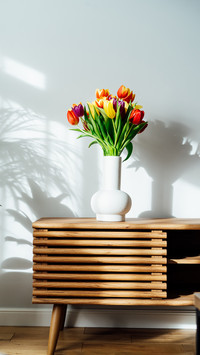Home interior with spring colorful bouquet of tulip flowers