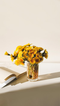 A book and a bunch of yellow dandelions