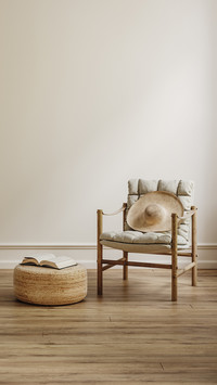 Living room interior with natural wooden furniture