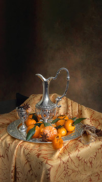 Still life with tangerines and silver jug